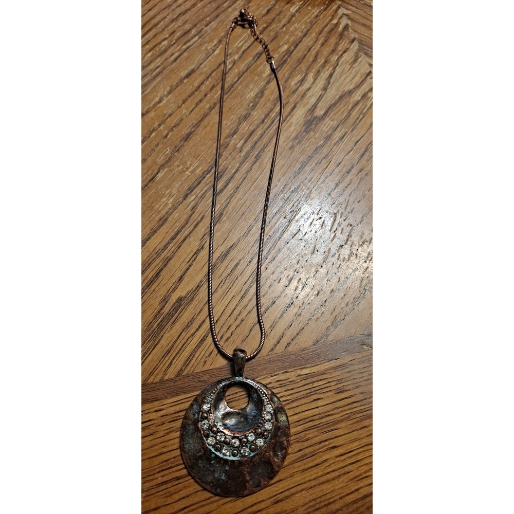 Hammered Copper Pendant Necklace With Clear Rhinestones
